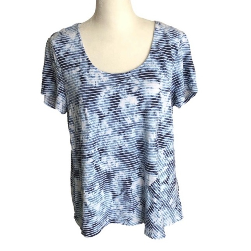 J. Jill Pure Jill Blue Striped Linen Blend Scoop Neck Short Sleeve Shirt